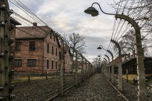 La entrada a Auschwitz-Birkenau, parte del "Tour con entradas a Auschwitz-Birkenau (Cracovia)", muestra cercas de alambre de púas con lámparas en el fondo de edificios de ladrillo y un cielo nublado, capturando su sombría historia. - ForTwo - Planes para parejas
