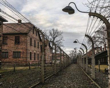 La entrada a Auschwitz-Birkenau, parte del "Tour con entradas a Auschwitz-Birkenau (Cracovia)", muestra cercas de alambre de púas con lámparas en el fondo de edificios de ladrillo y un cielo nublado, capturando su sombría historia. - ForTwo - Planes para parejas