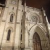 Explora la fachada de la catedral de estilo gótico con su gran rosetón y sus ornamentadas puertas de madera, iluminada por la noche, en el "Tour gratuito de los misterios y leyendas (Bilbao)" para descubrir las historias grabadas en sus piedras. - ForTwo - Planes para parejas