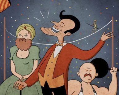 Bizarre BCN presenta "Circus - Un juego de Bizarre BCN Escape Room (Barcelona)", un póster de temática vintage que muestra a un carismático maestro de ceremonias, un poderoso hombre fuerte, la icónica mujer barbuda y atrevidos acróbatas sobre un fondo ingeniosamente punteado. - ForTwo - Planes para parejas