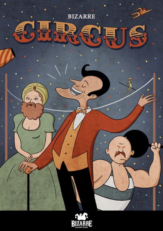 Bizarre BCN presenta "Circus - Un juego de Bizarre BCN Escape Room (Barcelona)", un póster de temática vintage que muestra a un carismático maestro de ceremonias, un poderoso hombre fuerte, la icónica mujer barbuda y atrevidos acróbatas sobre un fondo ingeniosamente punteado. - ForTwo - Planes para parejas