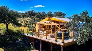 En Córdoba, entre árboles frondosos y un cielo azul brillante, encuentre tranquilidad en una terraza elevada de madera con sillones y un sofá. Una sombrilla proporciona sombra, haciéndose eco del encanto de "2 noches en Cabaña + cena + desayuno + decoración romántica en La Dehesa Experiences". - ForTwo - Planes para parejas