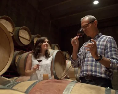 En una encantadora bodega cerca de Girona, dos invitados disfrutan de vino tinto en medio de grandes barriles de madera. Es un escenario ideal para un almuerzo íntimo y una visita a la bodega Mas Llunes (Garriguella, Girona). - ForTwo - Planes para parejas