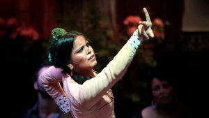Una bailaora de flamenco cautiva al público borroso bajo las luces del escenario de Sevilla, que recuerdan a una "Escapada con bañera de hidromasaje, cava y crucero por el Guadalquivir", con el brazo levantado con pasión. - ForTwo - Planes para parejas