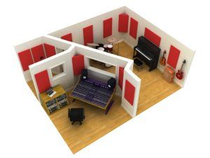 El modelo 3D "Grabación vocal individual o a dúo en estudio profesional (Madrid)" muestra paneles acústicos rojos, una mesa de mezclas, instrumentos y un suelo de madera, ideal para la grabación de voces. - ForTwo - Planes para parejas