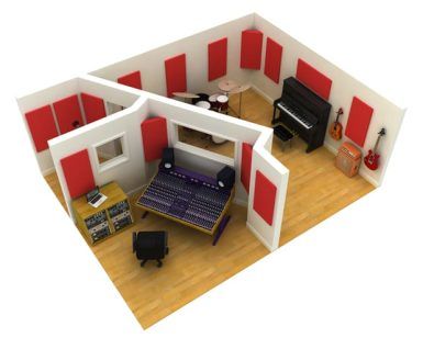 El modelo 3D "Grabación vocal individual o a dúo en estudio profesional (Madrid)" muestra paneles acústicos rojos, una mesa de mezclas, instrumentos y un suelo de madera, ideal para la grabación de voces. - ForTwo - Planes para parejas