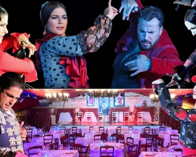 En el Tablao Flamenco Los Porches de Madrid, disfrute de un espectáculo de flamenco con un aperitivo o una cena para 2 o 4 personas, mientras bailarines vibrantes actúan con pasión en un lugar con poca luz. - ForTwo - Planes para parejas