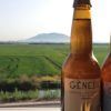 Dos botellas de cerveza se yerguen ante un exuberante campo verde con una montaña a lo lejos bajo un cielo despejado, capturando la esencia de Valencia. Te sentirás como en una "Visita a la fábrica de cerveza Génesis con cata y almuerzo" en Valencia, saboreando la belleza natural que inspira cada cerveza. - ForTwo - Planes para parejas