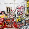 Vibrante mural que presenta músicos y cantantes de fado con instrumentos, capturando la esencia del Tour gratuito alternativo de Lisboa. - ForTwo - Planes para parejas