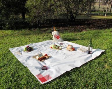 Picnic en Barcelona - Menú InCity: Un encantador picnic sobre un exuberante césped con un mantel blanco, pan, fruta, ensalada y vino tinto. Una bolsa parcialmente visible sugiere que nos esperan más delicias culinarias. - ForTwo - Planes para parejas
