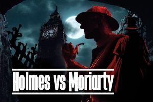 Una silueta de detective con una pipa, el Big Ben y la luna llena realzan la emocionante atmósfera de "Holmes vs Moriarty", una sala de escape de Clue Hunter en Madrid. - ForTwo - Planes para parejas