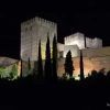 Una vista nocturna iluminada de las torres del castillo medieval, similares a las de Granada y enmarcadas por altos cipreses, evoca la esencia del Tour por la Alhambra y sus leyendas. - ForTwo - Planes para parejas