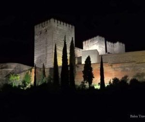 Una vista nocturna iluminada de las torres del castillo medieval, similares a las de Granada y enmarcadas por altos cipreses, evoca la esencia del Tour por la Alhambra y sus leyendas. - ForTwo - Planes para parejas