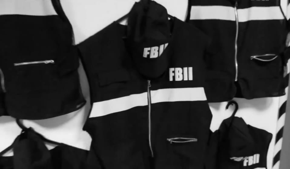 Uniformes y gorras del FBI en blanco y negro colgados en una pared evocan los emocionantes misterios de "El Registro", un juego de Lock In Escape Room (Granada). - ForTwo - Planes para parejas