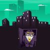Una figura de dibujos animados con traje se encuentra confiadamente en una puerta con un horizonte de ciudad bajo un cielo verde surrealista detrás de él, invitándote a "Mafia - Un juego de Chicken Banana Escape Room (Barcelona)", donde te esperan aventuras e intriga. - ForTwo - Planes para parejas