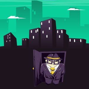 Una figura de dibujos animados con traje se encuentra confiadamente en una puerta con un horizonte de ciudad bajo un cielo verde surrealista detrás de él, invitándote a "Mafia - Un juego de Chicken Banana Escape Room (Barcelona)", donde te esperan aventuras e intriga. - ForTwo - Planes para parejas