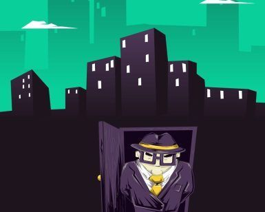 Una figura de dibujos animados con traje se encuentra confiadamente en una puerta con un horizonte de ciudad bajo un cielo verde surrealista detrás de él, invitándote a "Mafia - Un juego de Chicken Banana Escape Room (Barcelona)", donde te esperan aventuras e intriga. - ForTwo - Planes para parejas