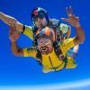 Dos personas saltando en paracaídas en tándem contra un cielo azul brillante, sonriendo ampliamente con equipos coloridos, personifican la emocionante aventura de "Salto en paracaídas con SkyDive Sevilla", una experiencia verdaderamente inolvidable. - ForTwo - Planes para parejas