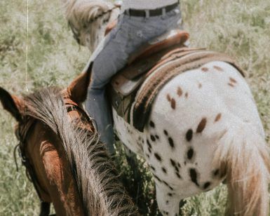 Una mujer con una camiseta blanca sin mangas cabalga sobre un caballo moteado por los exuberantes campos de hierba cerca de Córdoba, con el encanto histórico de Medina Azahara como telón de fondo en la "Ruta a caballo por la zona de Medina Azahara (Córdoba)". Se ve parcialmente otro caballo. - ForTwo - Planes para parejas