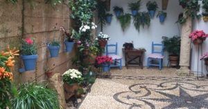 Explora el acogedor patio adornado con plantas en macetas, sillas azules y un diseño de piso de mosaico de guijarros que recuerda a los patios cordobeses en nuestro "Tour guiado por los patios cordobeses". - ForTwo - Planes para parejas