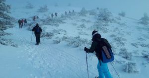 Gente haciendo senderismo con bastones de esquí y raquetas de nieve en una colina nevada en Navacerrada, Madrid, entre árboles helados bajo un cielo nublado durante la 'Excursión raquetas de nieve con luna llena'. - ForTwo - Planes para parejas
