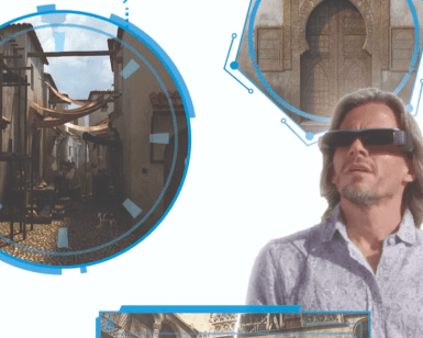 Un hombre con un visor de realidad virtual está inmerso en la arquitectura histórica, disfrutando de Entradas a la Capilla y Catedral de Granada Visita guiada en Realidad Virtual, que presenta un impresionante recorrido virtual por la Catedral y la intrincada Capilla de Granada. - ForTwo - Planes para parejas