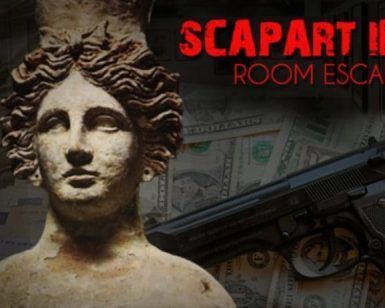 En la sala de escape de SCAPART Ibiza, un busto, una pistola y dinero esparcido crean una atmósfera oscura y misteriosa. - ForTwo - Planes para parejas
