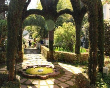 Este jardín, como una joya escondida que recuerda al encantador barrio del Albaicín de Granada, cuenta con una estructura de seto arqueada, una fuente circular y un camino de piedra rodeado de exuberante vegetación: una escapada tranquila similar a la experiencia de la Visita al Albaicín y Sacromonte. - ForTwo - Planes para parejas