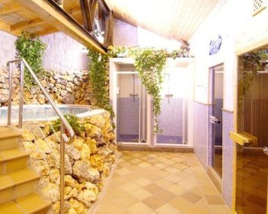 Disfrute de "Un circuito de spa perfecto en Guadix (Granada)" con jacuzzi, sauna de madera y duchas. Los detalles en piedra y la exuberante vegetación crean un tranquilo oasis interior que refleja la belleza natural de la zona. - ForTwo - Planes para parejas