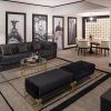 Descubra la elegancia de la Suite presidencial en el hotel Meliá Castilla (Madrid), que cuenta con una refinada sala de estar con un sofá negro, una mesa redonda y llamativas fotografías de la ciudad en blanco y negro que complementan a la perfección el elegante comedor. - ForTwo - Planes para parejas
