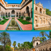 El Sevilla Super Combi es un cautivador collage de la arquitectura de Sevilla, que muestra un patio, un edificio ornamentado y un exuberante jardín con palmeras. - ForTwo - Planes para parejas