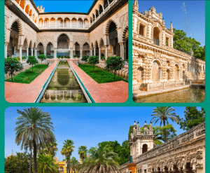 El Sevilla Super Combi es un cautivador collage de la arquitectura de Sevilla, que muestra un patio, un edificio ornamentado y un exuberante jardín con palmeras. - ForTwo - Planes para parejas
