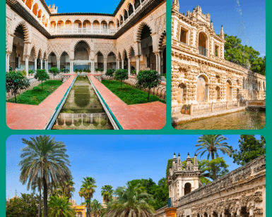 El Sevilla Super Combi es un cautivador collage de la arquitectura de Sevilla, que muestra un patio, un edificio ornamentado y un exuberante jardín con palmeras. - ForTwo - Planes para parejas
