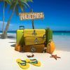 Maletas coloridas en una playa soleada con un cartel de "¿Vacaciones?" junto a palmeras, chanclas y una estrella de mar te invitan a cambiar tus planes de escape room en Madrid por relajación. Producto: "¿Vacaciones?" - Un escape room de Dale al coco (Madrid). - ForTwo - Planes para parejas
