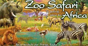 Una ilustración de la vida salvaje africana con elefantes, leones, cebras y flamencos presenta el texto Zoo Safari y ofrece una mirada a Fauna Aventura con las "Entradas para Zoo Safari Fauna Aventura". - ForTwo - Planes para parejas