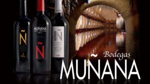 Tres botellas de vino etiquetadas como Muñana se encuentran en una bodega rústica, capturando la esencia de Bodegas Muñana, ideal para la experiencia Cata de Vinos en Bodegas Muñana para Dos que celebra la tradición y el sabor. - ForTwo - Planes para parejas