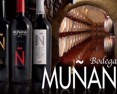 Tres botellas de vino etiquetadas como Muñana se encuentran en una bodega rústica, capturando la esencia de Bodegas Muñana, ideal para la experiencia Cata de Vinos en Bodegas Muñana para Dos que celebra la tradición y el sabor. - ForTwo - Planes para parejas