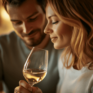 En el ambiente acogedor de Summun Gastroteca, una pareja disfruta de una fina copa de vino blanco, compartiendo sonrisas mientras participan en "Cata de Vinos en Summun Gastroteca: Un Viaje Sensorial por Vinos Nacionales e Internacionales", saboreando el momento y profundizando su agradecimiento. - ForTwo - Planes para parejas