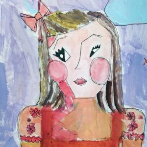 La vibrante pintura de una niña resalta sus habilidades creativas, mostrando a una niña con mejillas sonrosadas con un lazo y un vestido estampado sobre un fondo pastel en los Cursos Anuales de Habilidades Creativas y Pintura en El Astillero. - ForTwo - Planes para parejas