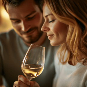 Una pareja disfruta de una copa de vino blanco, con la mujer sonriendo y saboreando el aroma, en medio de un ambiente cálido enriquecido por una Degustación de Vinos y Quesos de Granada: Sabores Auténticos para Dos. - ForTwo - Planes para parejas