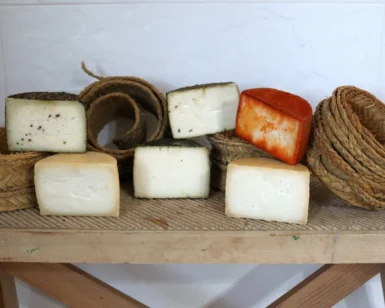 Una selección de Degustación de quesos artesanos en Quesería Cortijo El Aserradero (Granada) adorna un banco de madera, enmarcado por cestas tejidas al fondo. Elaborado artesanalmente con cuidado, cada queso narra la historia de la Quesería Cortijo El Aserradero en la pintoresca Granada. - ForTwo - Planes para parejas