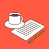 Ilustración de una escena de cafetería acogedora: una taza de café, papel con texto y lápiz sobre un fondo naranja: un guiño perfecto a la experiencia de Taller Home Barista en Familia Osorio: ¡Prepara café como un profesional en casa!. - ForTwo - Planes para parejas