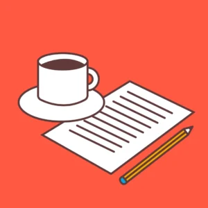 Ilustración de una escena de cafetería acogedora: una taza de café, papel con texto y lápiz sobre un fondo naranja: un guiño perfecto a la experiencia de Taller Home Barista en Familia Osorio: ¡Prepara café como un profesional en casa!. - ForTwo - Planes para parejas