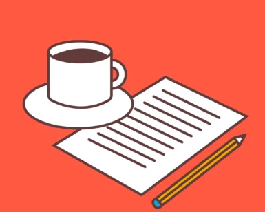 Ilustración de una escena de cafetería acogedora: una taza de café, papel con texto y lápiz sobre un fondo naranja: un guiño perfecto a la experiencia de Taller Home Barista en Familia Osorio: ¡Prepara café como un profesional en casa!. - ForTwo - Planes para parejas