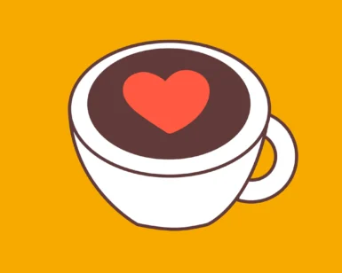 Ilustración de una taza de café blanco con arte latte que presenta un corazón rojo en la espuma sobre un fondo naranja, perfecta para mostrar "Domina el Latte Art en Familia Osorio: ¡Crea Obras de Arte en tus Cafés!" y su acogedor encanto de cafetería. - ForTwo - Planes para parejas