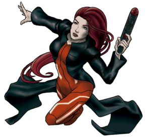 Ilustración de una mujer con pelo largo rojo, con abrigo negro y traje naranja, sosteniendo una pistola Laser Tag de Quasar Elite en Zaragoza. - ForTwo - Planes para parejas