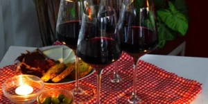 Cuatro copas de vino tinto Premium Vinos Brabantino: Cata Privada de Sabores descansan sobre un mantel a cuadros rojos junto a un plato de aperitivos y una vela encendida, creando un ambiente íntimo. - ForTwo - Planes para parejas