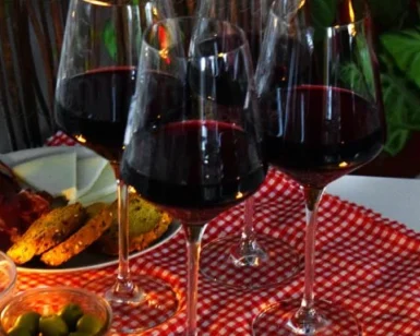 Cuatro copas de vino tinto Premium Vinos Brabantino: Cata Privada de Sabores descansan sobre un mantel a cuadros rojos junto a un plato de aperitivos y una vela encendida, creando un ambiente íntimo. - ForTwo - Planes para parejas