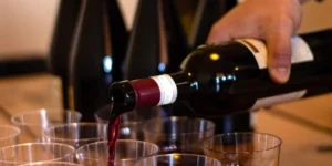 Una mano vierte vino tinto en vasos de plástico transparente sobre una mesa de madera, preparándose para una deliciosa degustación de Vinos Brabantino: Cata Privada de Sabores Premium. - ForTwo - Planes para parejas