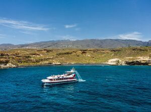 Un barco blanco y rojo está anclado en una bahía azul clara frente a la costa de Tenerife, con colinas cubiertas de hierba y montañas bajo un cielo despejado, ideal para el avistamiento de delfines y ballenas en Tenerife. - ForTwo - Planes para parejas